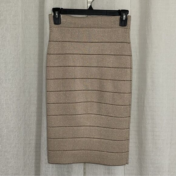 BCBG XS Cream Metallic Gold Bandage Bodycon High Waist Pull On Pencil Skirt - Picture 6 of 10